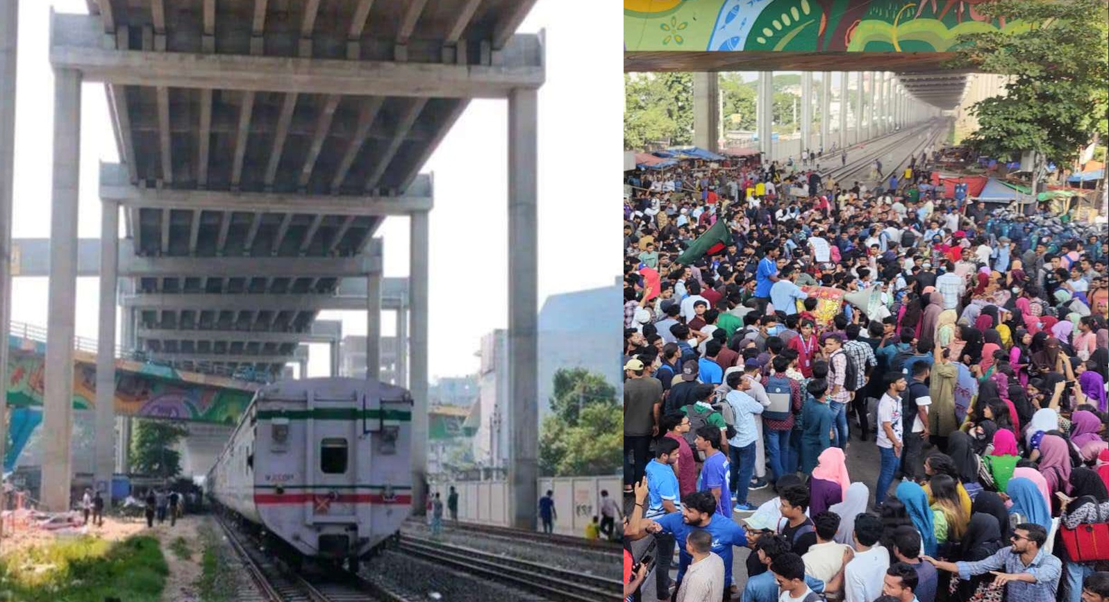মহাখালীতে শিক্ষার্থীদের রেললাইন অবরোধ, ট্রেনে হামলা